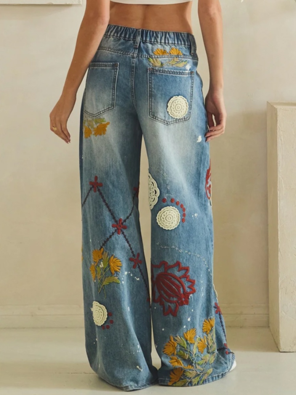 🎉 Oli and Hali “DEE” OLI & Hali WIDE LEG DENIM PANTS WITH EMBROIDERY DETAIL 34 - Picture 10 of 14